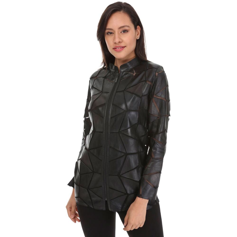 Belgin Francis Black Leather Abstract Moto Jacket Geometric Patchwork Zip Up L